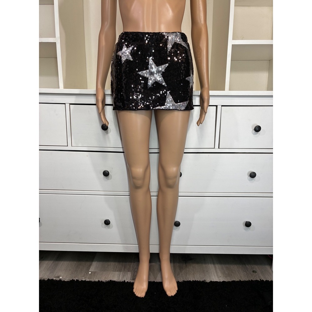 SHEIN Womens XS Black Silver Sequin Star Mini Skirt Built-in Shorts Skort Starry